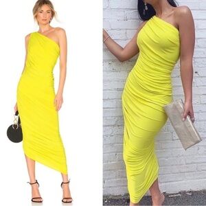 Norma Kamali One-Shoulder Ruched Dress in Bright Yellow